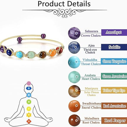 Jovivi 7 Chakra Stones Bracelets for Women Girls Adjustable 14K Gold Wire Wrapped 8mm Natural Round Gemstone Beads Reiki Healing Crystal Ankle Bracelet Yoga Energy Jewelry