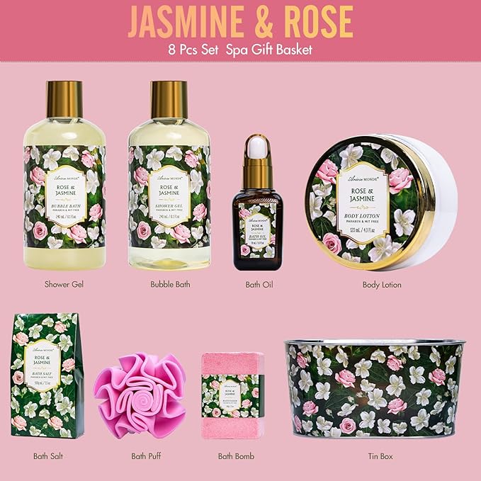 Gift Basket for Women - 8 Pc Rose & Jasmine Beauty & Personal Care Set - Home Bath Pampering Package for Relaxing - Spa Self Care Kit - Thank You, Birthday, Mom, Anniversary, Christmas Gift