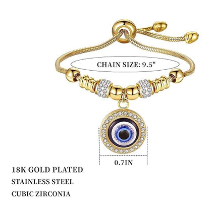 Gold Evil Eye Bracelets for Women 18k Gold Plated Adjustable Gold Evil Eye Charm Bracelet ojo Bracelet for Protection (Gold)