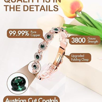 Feraco Pure Copper Bracelets for Women, 4X Ultra Strength Magnetic Bracelet with 3800 Gauss Neodymium Magnets & Dazzling Austrian Cut Crystals Stone, Adjustable Jewelry Gift
