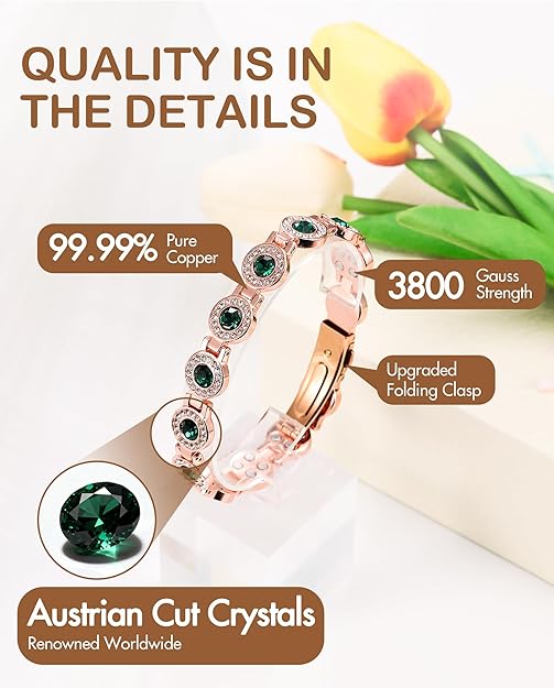 Feraco Pure Copper Bracelets for Women, 4X Ultra Strength Magnetic Bracelet with 3800 Gauss Neodymium Magnets & Dazzling Austrian Cut Crystals Stone, Adjustable Jewelry Gift