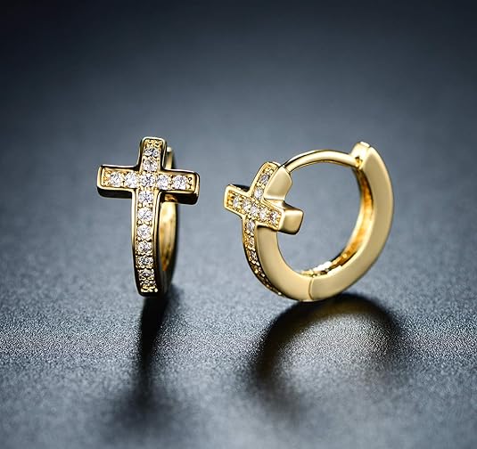 Barzel 18k Gold Plated Crystal Huggies Cross Earrings for Women