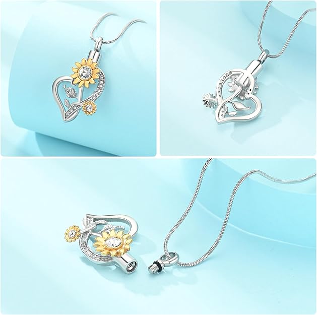 Heart Urn Necklace for Ashes Sunflower Cremation Jewelry for Women Stainless Steel Memorial Necklaces Ash Holder for Human Pets Keepsake Jewelry for Loved Ones with Fill Tool
