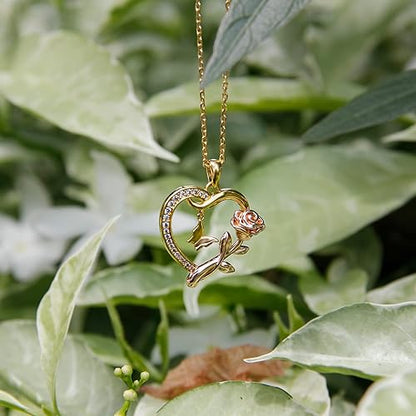 Heart Necklace for Women Sterling Silver/14k Gold Plated/Rose Gold CZ Romantic Rose and Butterfly