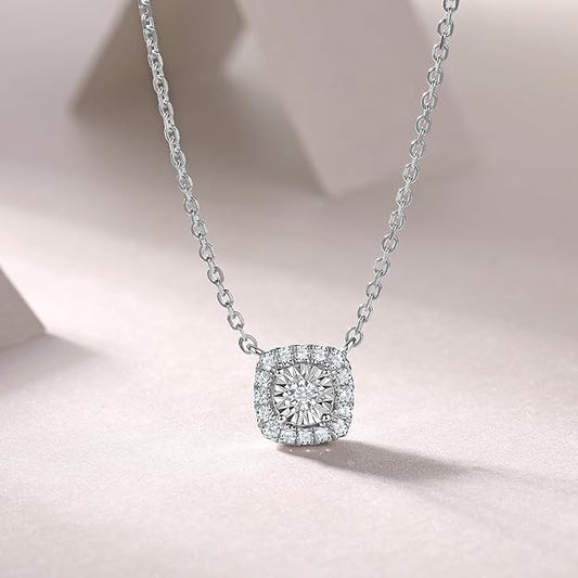 Sytaehi Sterling Silver Lab Grown Diamond Halo Pendant Necklace, Chain Included,ideal gift for anniversaries, birthdays, or any milestone celebration