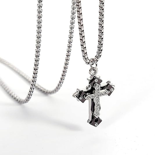 Cross Silver Chain Necklace for Men Women with Cross Symbol Pendant Stainless Steel