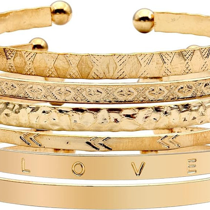 Stackable Gold Cuff Bracelets Bangle for Women, Boho Retro Grace Temperament Wide Face Bracelet Sets