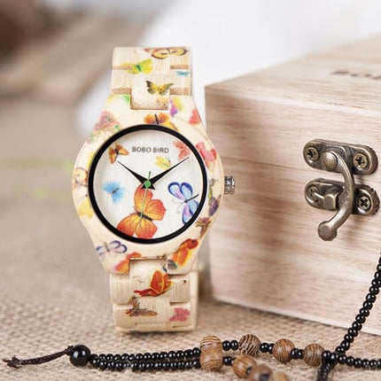 BOBO BIRD Women's Bamboo Watch Butterfly Engraved Handmade Wooden Casual Watches