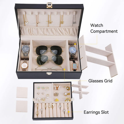 LANDICI Jewelry Box Organizer for Women, Large 2 Layer Men Watch Case with Removable Tray