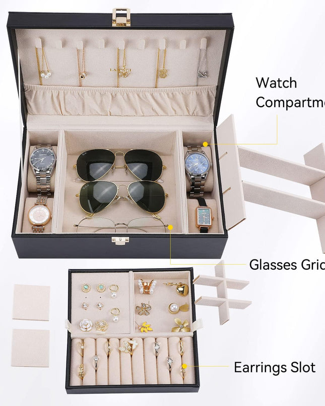 LANDICI Jewelry Box Organizer for Women, Large 2 Layer Men Watch Case with Removable Tray