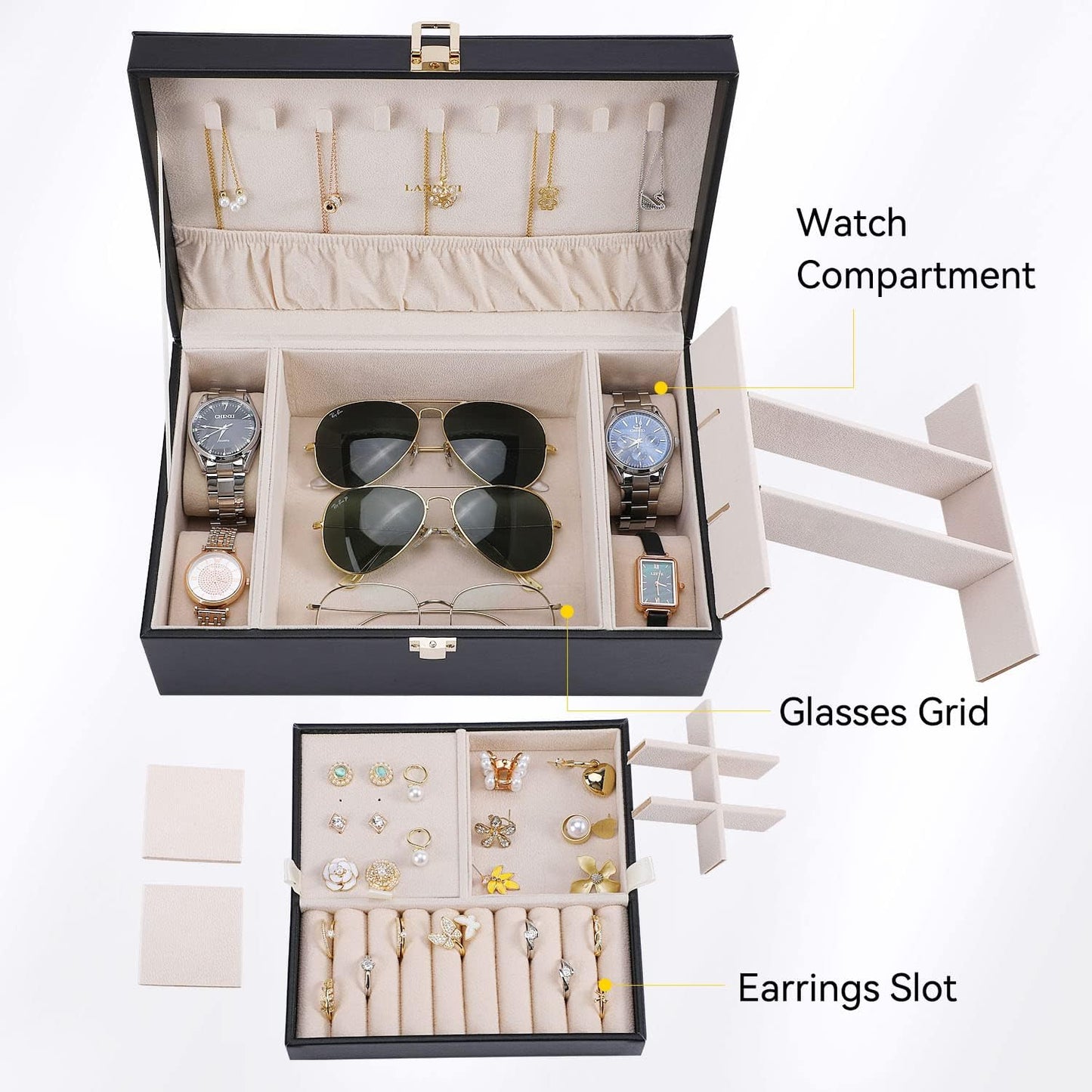 LANDICI Jewelry Box Organizer for Women, Large 2 Layer Men Watch Case with Removable Tray