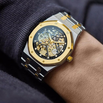 senstone Automatic Watches for Men Mechanical Movement Tourbillon Self-Winding Transparent Skeleton Fashion Gift Business Dress Wristwatch with Waterproof 41mm Luminous Dial Stainless Steel Band