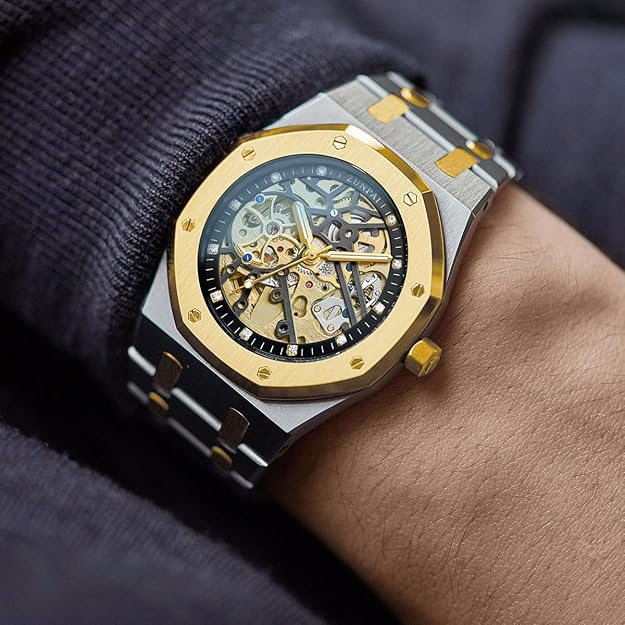 senstone Automatic Watches for Men Mechanical Movement Tourbillon Self-Winding Transparent Skeleton Fashion Gift Business Dress Wristwatch with Waterproof 41mm Luminous Dial Stainless Steel Band