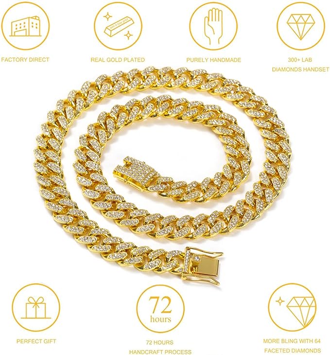 HUITIAN Women Mens Cuban Link Chain Gold Silver Bling Miami Cuban Necklace Diamond Chain for Men Iced-Out Hip Hop Jewelry