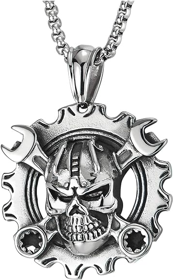 COOLSTEELANDBEYOND Mens Steel Vintage Mechanic Wrench Gear Wheel Skull Pendant Necklace 30 in Wheat Chain Biker Gothic