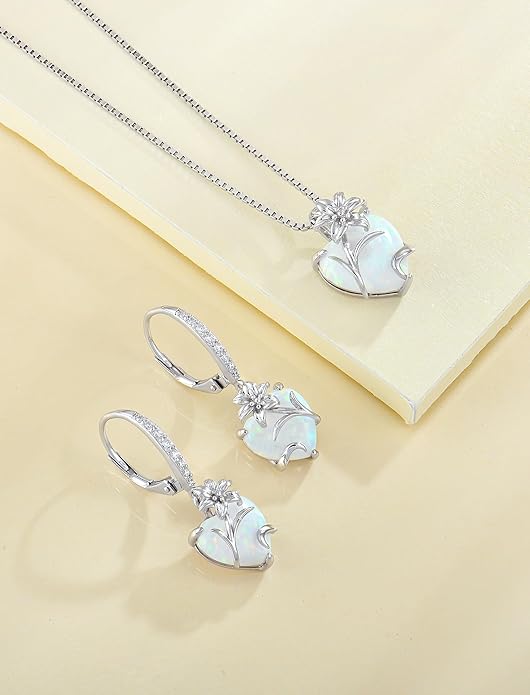 YL Heart Necklace for Women 925 Sterling Silver Lily Pendant Created Opal Flower Jewelry