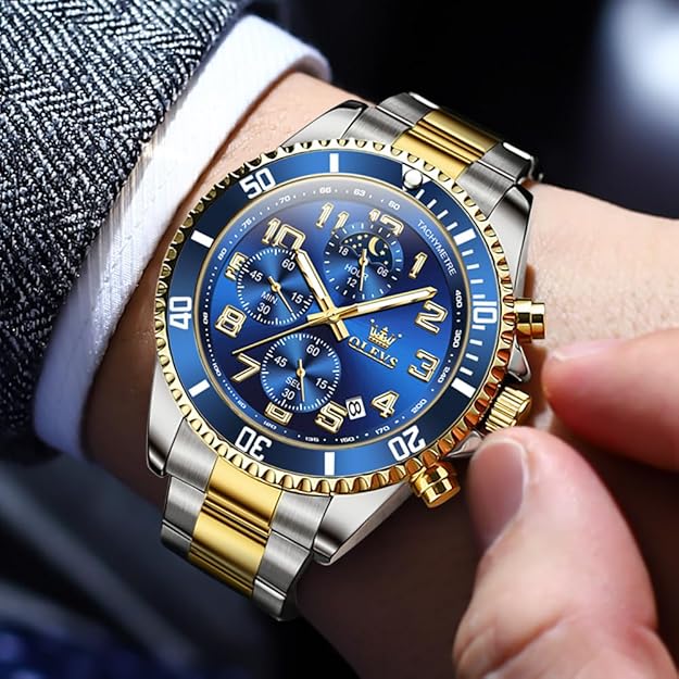 OLEVS Watches for Men Stainless Steel Dress Men Watch with Date Big Face Chronograph Waterproof Luxury Fashion Watch Blue/Black/Gold/Green/Silver Face Relojes para Hombres