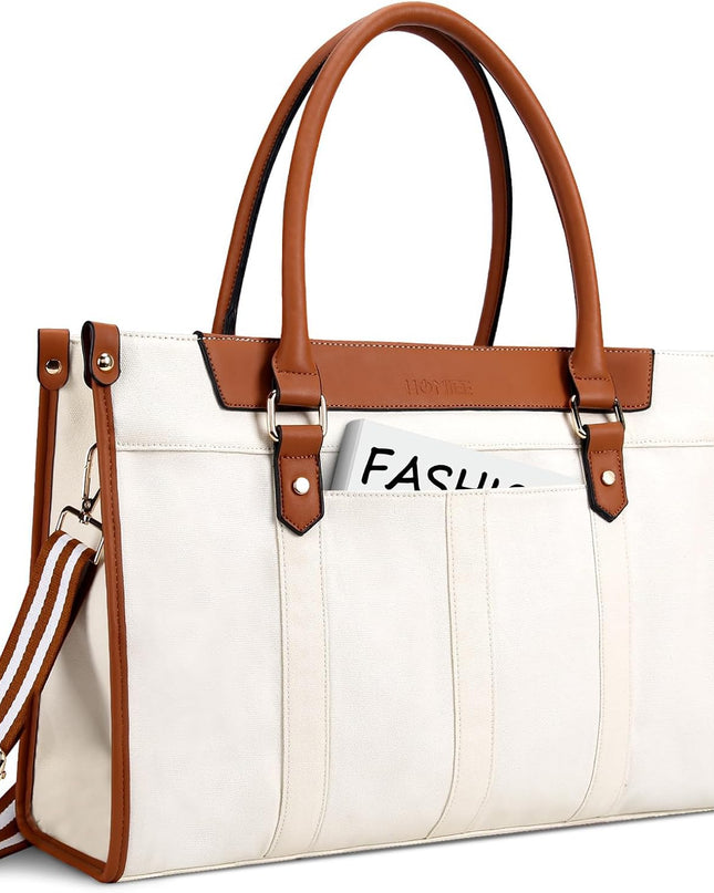 HOMIEE Tote Bag for Women, Canvas Laptop Bag Fits 15.6 Inch Work Tote, Shoulder Bag Casual Computer Bag for Conference, Formal, Office, College, Christmas New Year Gifts, Beige