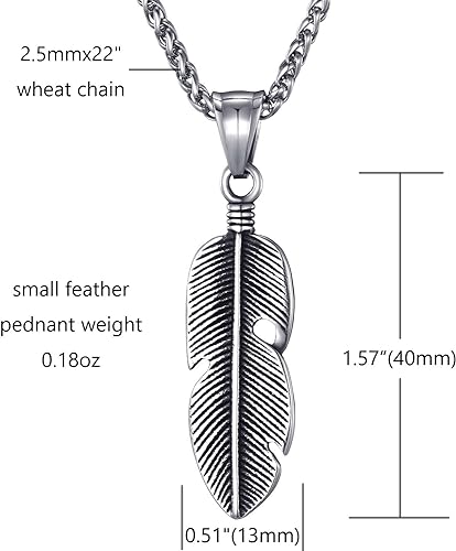 Moolee Men's Feather Pendant Necklace with Stainless Steel Link Chain