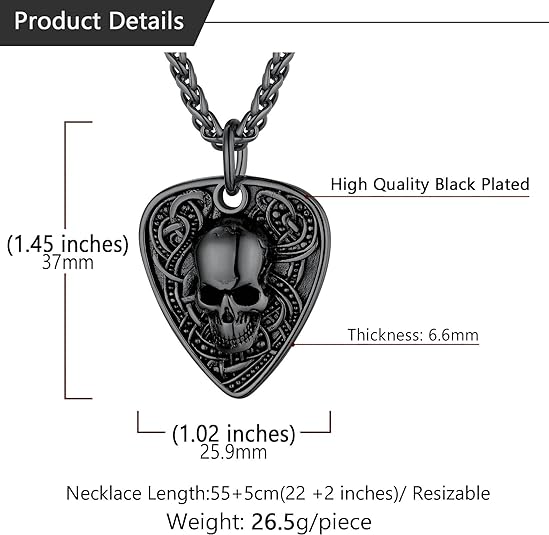 Men Punk Rock Necklaces, Cool Guitar Pick Skull, Stainless Steel