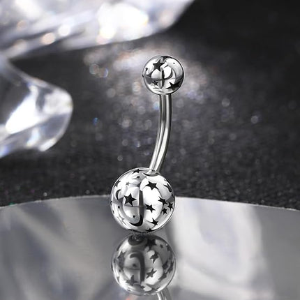 Silver Star Belly Button Rings 14G Acrylic Belly Navel Rings for Women Moon Cute Belly Piercing Jewelry Stainless Steel