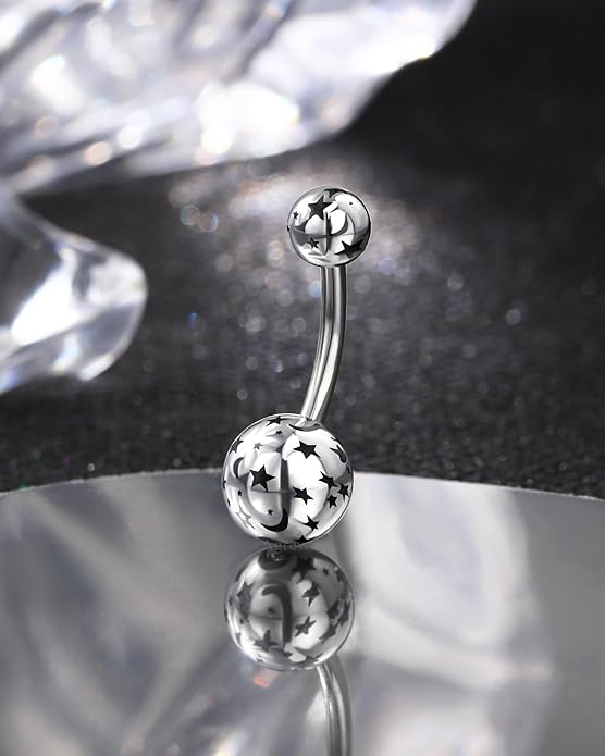 Silver Star Belly Button Rings 14G Acrylic Belly Navel Rings for Women Moon Cute Belly Piercing Jewelry Stainless Steel