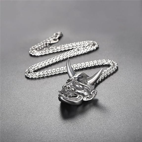 U7 Hannya Mask Necklace, Mens Gothic Punk Pendant, Stainless Steel Silver Black Personalized Evil Demon Horn Jewelry Oni Necklaces with 22 Inch Chain