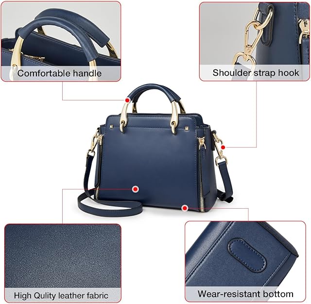 FOXER Leather Handbags for Women, Genuine Leather Ladies Top-handle Bags with Adjustable Shoulder Strap Women's Crossbody Bag Womens Real Cowhide Satchels Leather Messenger Tote Bags(Dark Blue)