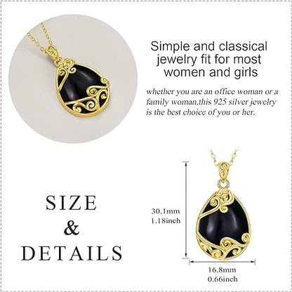 Black Onyx Necklace for Women Sterling Silver 18K Yellow Gold Plated