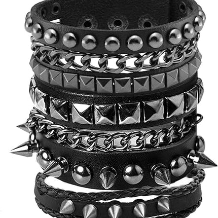 Leather Punk Rock Cuff Bracelets for Men Women Retro Vintage Chain 80s Wristband Set for Man Woman
