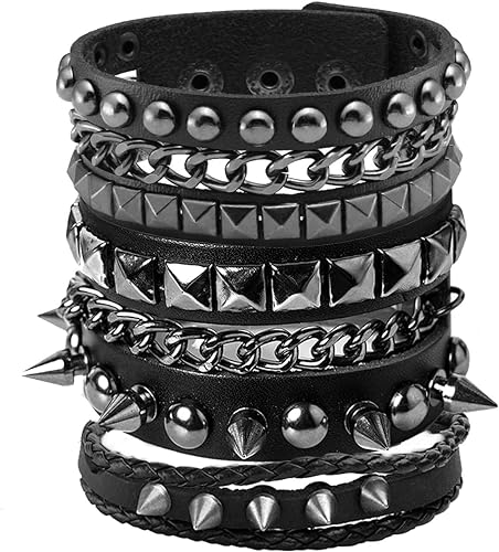 Leather Punk Rock Cuff Bracelets for Men Women Retro Vintage Chain 80s Wristband Set for Man Woman