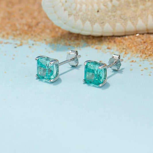 Cubic Zirconia Stud Earrings, Unique Paraiba Blue/Sunshine Yellow Princess Cut Diamond, Crystal Clear Color CZ, White Gold plated S925 Sterling Silver