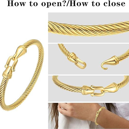 BOLAGTIER Stainless Steel Twisted Cable Wire Bracelets with Hook Clasp Stylish Roman Digital Bangle Bracelet for Women Girls