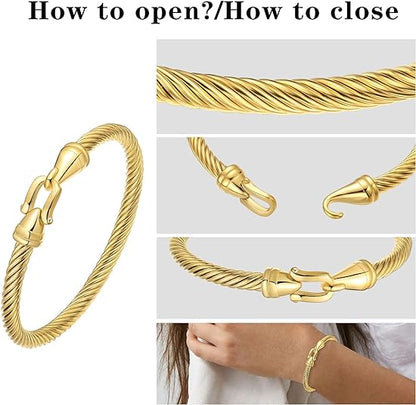 BOLAGTIER Stainless Steel Twisted Cable Wire Bracelets with Hook Clasp Stylish Roman Digital Bangle Bracelet for Women Girls