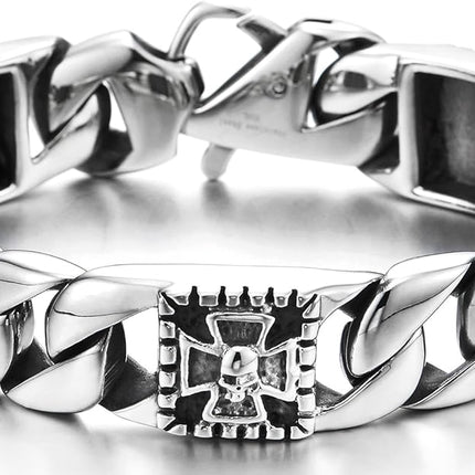 COOLSTEELANDBEYOND Mens Stainless Steel Curb Chain Bracelet with Cross and Skull, Biker Gothic, Vintage Polished