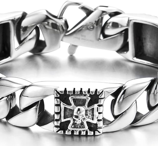 COOLSTEELANDBEYOND Mens Stainless Steel Curb Chain Bracelet with Cross and Skull, Biker Gothic, Vintage Polished