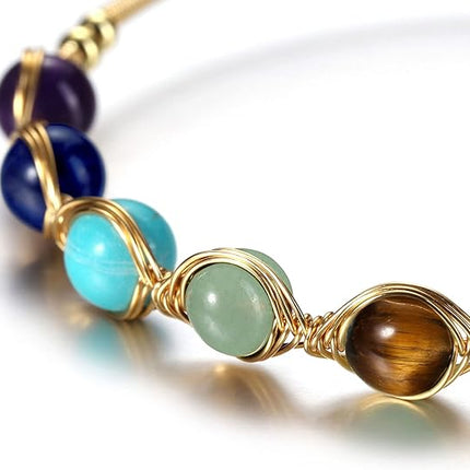 Jovivi 7 Chakra Stones Bracelets for Women Girls Adjustable 14K Gold Wire Wrapped 8mm Natural Round Gemstone Beads Reiki Healing Crystal Ankle Bracelet Yoga Energy Jewelry