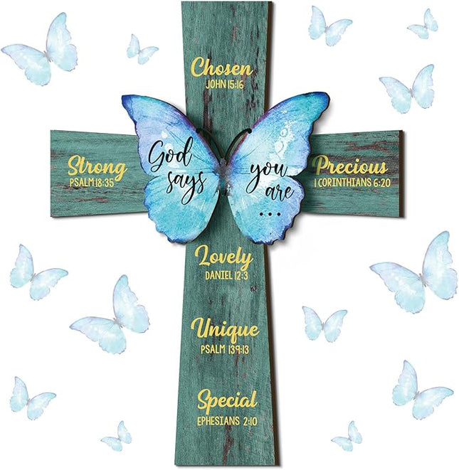 Panelee 11.81 Inch Christian Wood Sign Wood Cross Butterfly Wall Decor Sunflower Bible Verse Wall Sign Bible Theme Inspirational Wood Sign Scripture Hanging Sign for Room Office Kitchen(Cross)