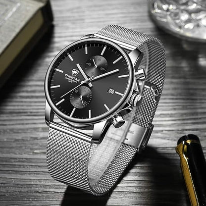 GOLDEN HOUR Mens Watch Fashion Sleek Minimalist Quartz Analog Mesh Stainless Steel Waterproof Chronograph Watches for Men with Auto Date