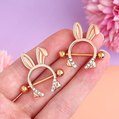 Melighting Dainty Rabbit Nipple Rings 14G Rosy Bunny Ear Clear CZ Nipple Piercing Barbell Surgical Steel 316L Nipple Piercing Jewelry for Women Girls