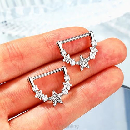 Melighting 14G Star Nipple Rings Steel 316L Nipple Piercing Jewelry Clear CZ Nipple Bars Clicker Nipple Barbell For Women Men 14mm