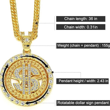 Costume Gold Chain for Men Spinner Dollar Sign Necklaces 36 Inches