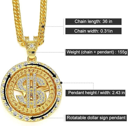 Costume Gold Chain for Men Spinner Dollar Sign Necklaces 36 Inches