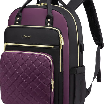 LOVEVOOK Laptop Backpack Purse for Women, 15.6" Laptop Bag for Travel with USB Port, Water Resistant Lightweight Daypacks for College Work Business, Nurse Teacher Computer Bags, Purple Black