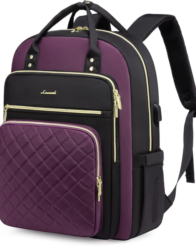 LOVEVOOK Laptop Backpack Purse for Women, 15.6" Laptop Bag for Travel with USB Port, Water Resistant Lightweight Daypacks for College Work Business, Nurse Teacher Computer Bags, Purple Black