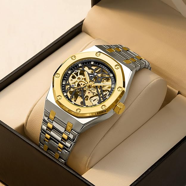 senstone Automatic Watches for Men Mechanical Movement Tourbillon Self-Winding Transparent Skeleton Fashion Gift Business Dress Wristwatch with Waterproof 41mm Luminous Dial Stainless Steel Band