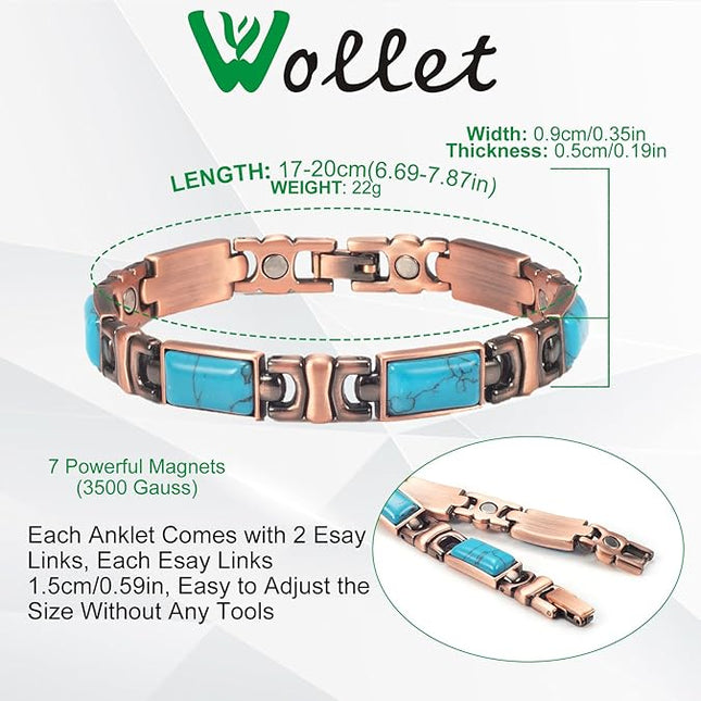 Wollet Women Magnetic Bracelet, Turquoise Pure Copper Bracelet for Women Magnetic Carpal Tunnel Women Adjustable Bracelet (Blue Turquoise