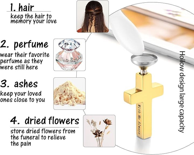 Cremation Cross Necklace for Ashes Stainless Steel Cross Urn Pendant Ashes Holder Memorial Jewelry-With Me Always