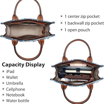 Denim Tote Bag for Women Aztec Top Handle Satchel Purse Boho Shoulder Handbags with Wristlet