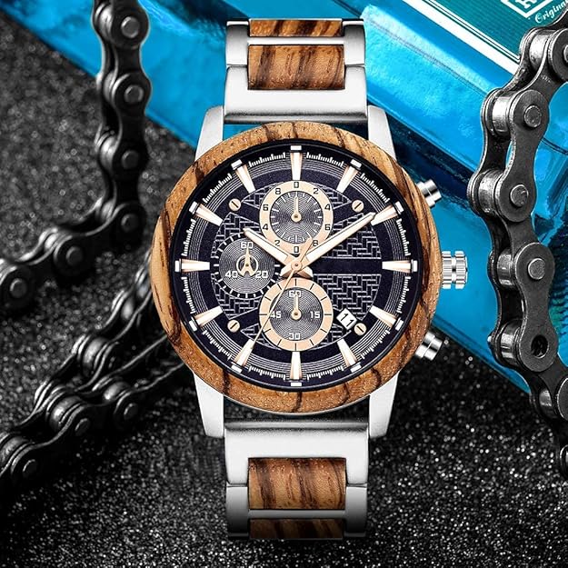 WASTIME Wooden Watch for Men Women, Stylish Chronograph Military Casual Calendar Wood Watches